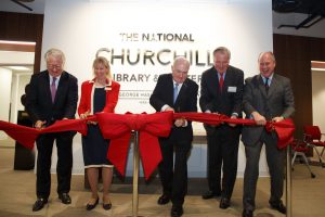 From right to left: ICS Chairman Laurence Geller, GWU Dean of Libraries Geneva Henry, GWU President Steven Knapp, ICS Vice-Chairman Jean-Paul Montupet, ICS President Randolph Churchill