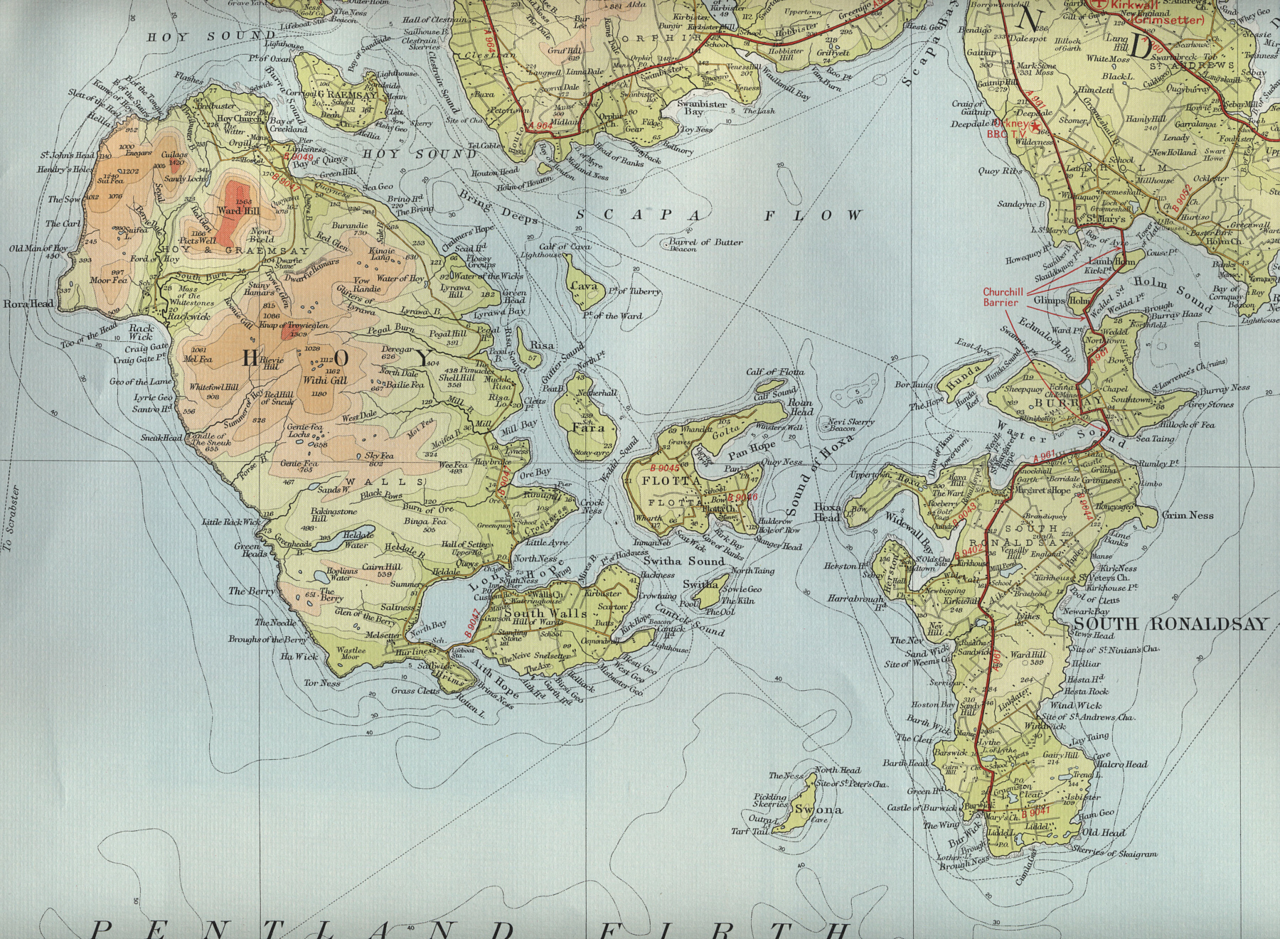 Map of Scapa Flow showing Churchill Barriers at right