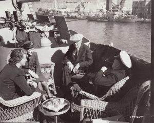 Anna Roosevelt and Sarah Churchill with their fathers aboard USS Quincy, 1945