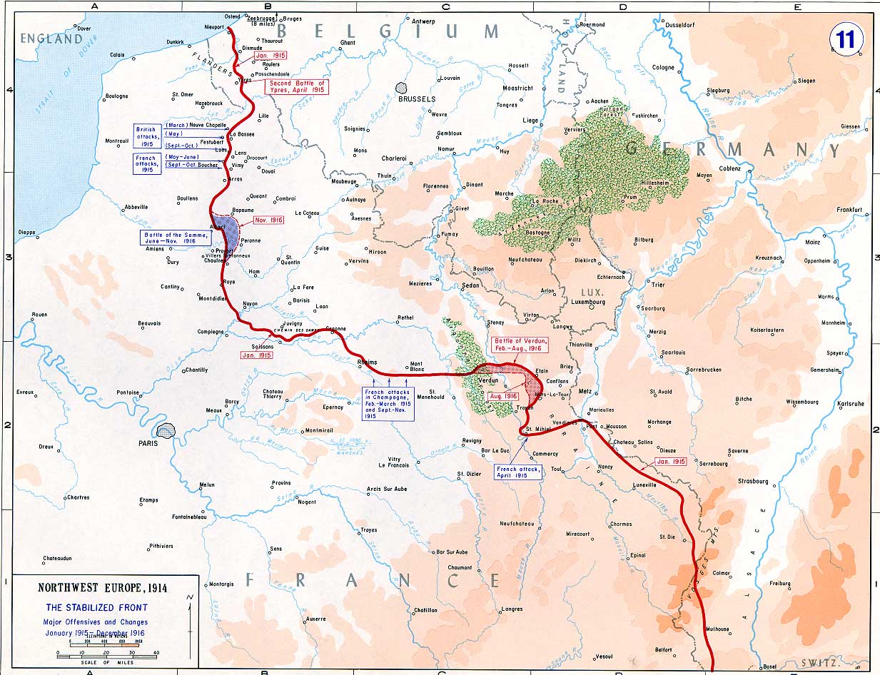 The Western Front: The purple area shows the total gains of the Somme offensive, 1916