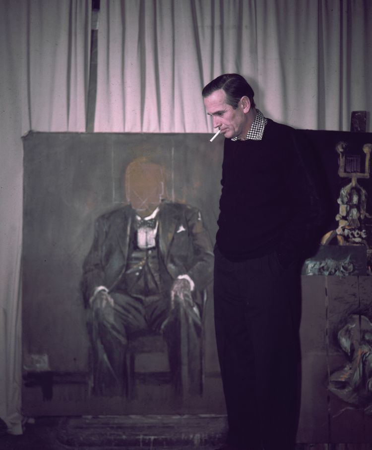FIG. 3 . English modernist painter Graham Sutherland with his unfinished portrait of Winston Churchill, 1954